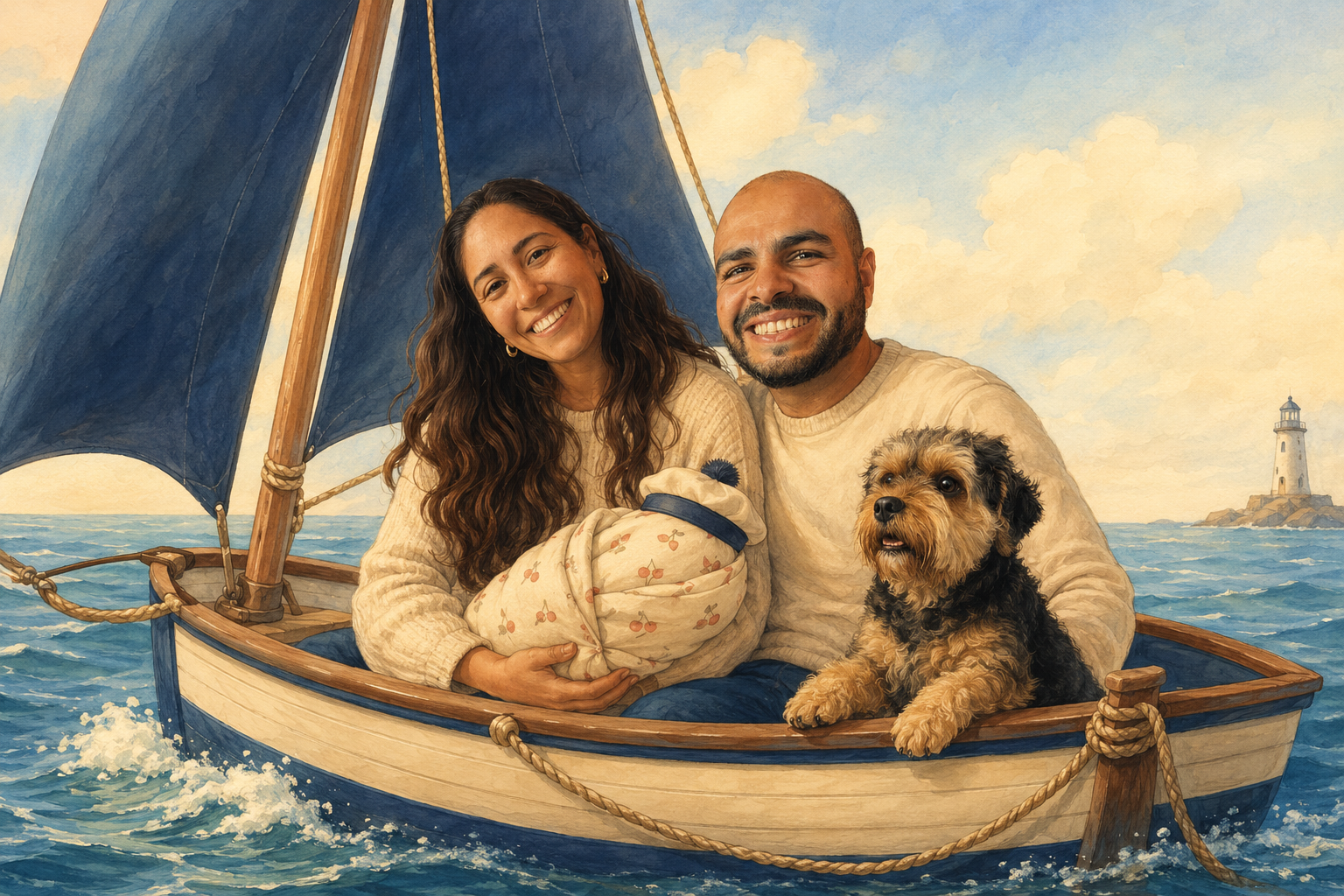 Illustration of Bianca, Felipe and Pudding sailing together with a wrapped bundle for baby Acerola