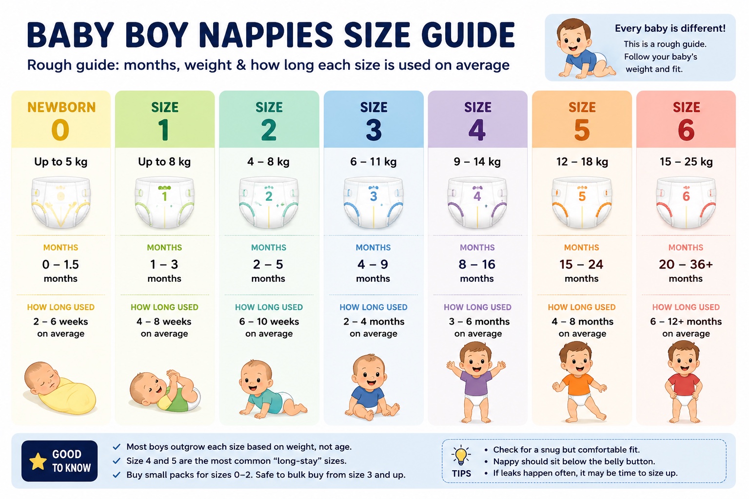 Illustrated baby boy nappy size guide from newborn Size 0 through Size 6 with weights and approximate age ranges
